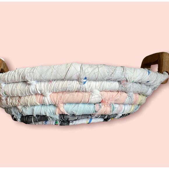 Vintage Cotton Rag Basket Fabric Hand Woven Pastel Farmhouse 20 3/4 x 16 x 5 3/4 - Picture 1 of 5